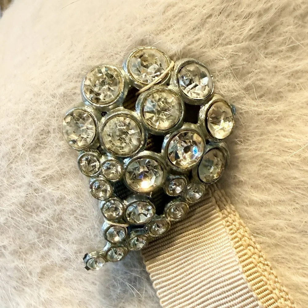 VTG 1960s MCM Women Pillbox Hat Corona Ivory Wool Bezel Rhinestones Ribbon Italy